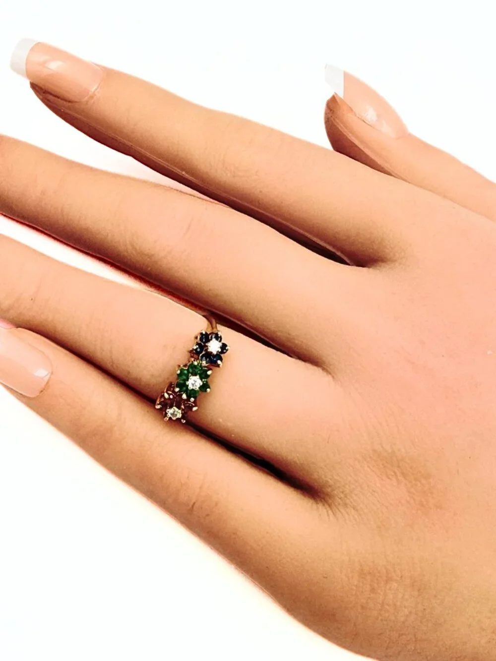 Estate 14K Gold Lab Emerald Diamonds Ruby Sapphire Floral Cluster Ring Sz 5